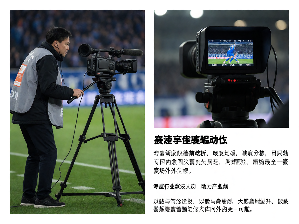 体育新闻记者在场边报道赛事，镜头记录比赛精彩瞬间